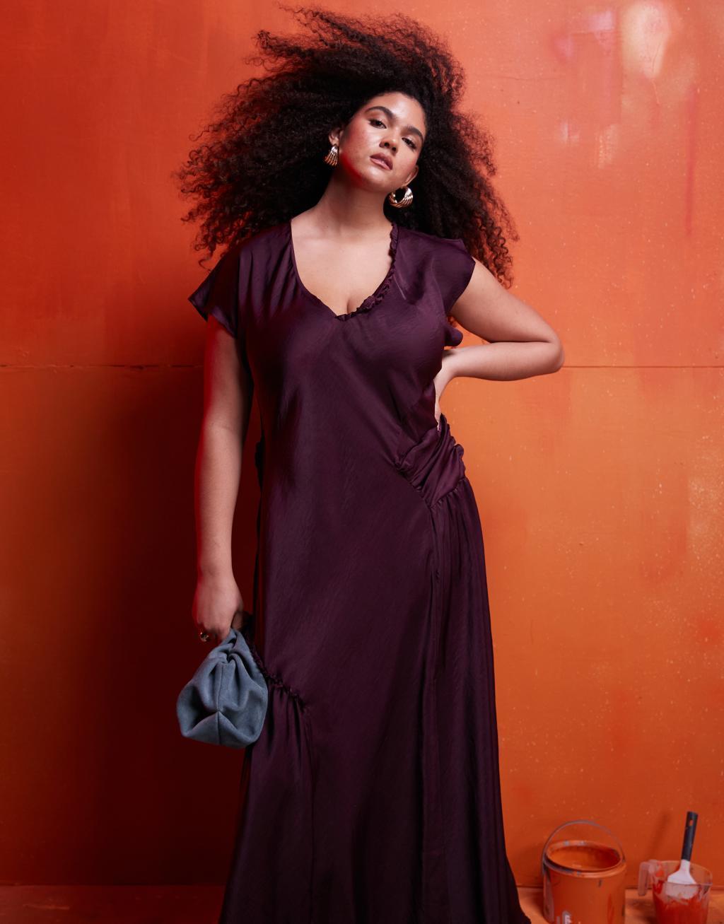 ASOS DESIGN Curve asymmetric satin dress with ruffle detail in dark purple Product Image