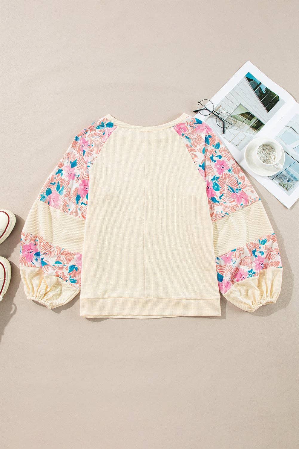 Floral Colorblock Balloon Sleeve Blouse: Beau Blue Product Image