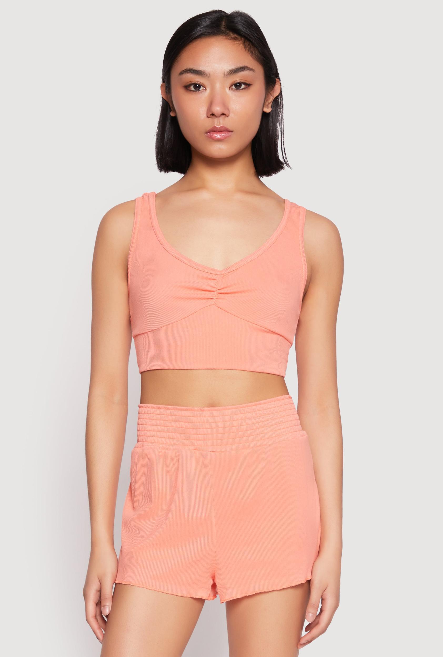 Womens Ribbed Knit Ruched Pajama Tank Top and Smocked Shorts Product Image