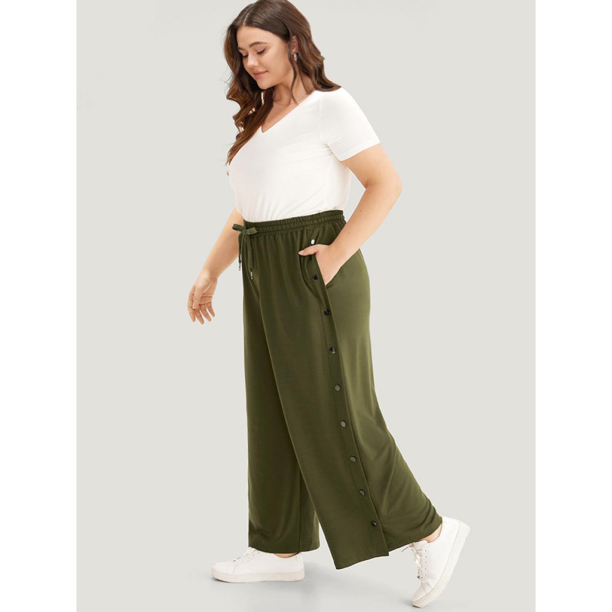 Plain Pocket Elastic Waist Button Detail Drawstring Sweatpants ArmyGreen Plus Size Women Casual Dailywear Plain 28/5X Bloomchic Product Image