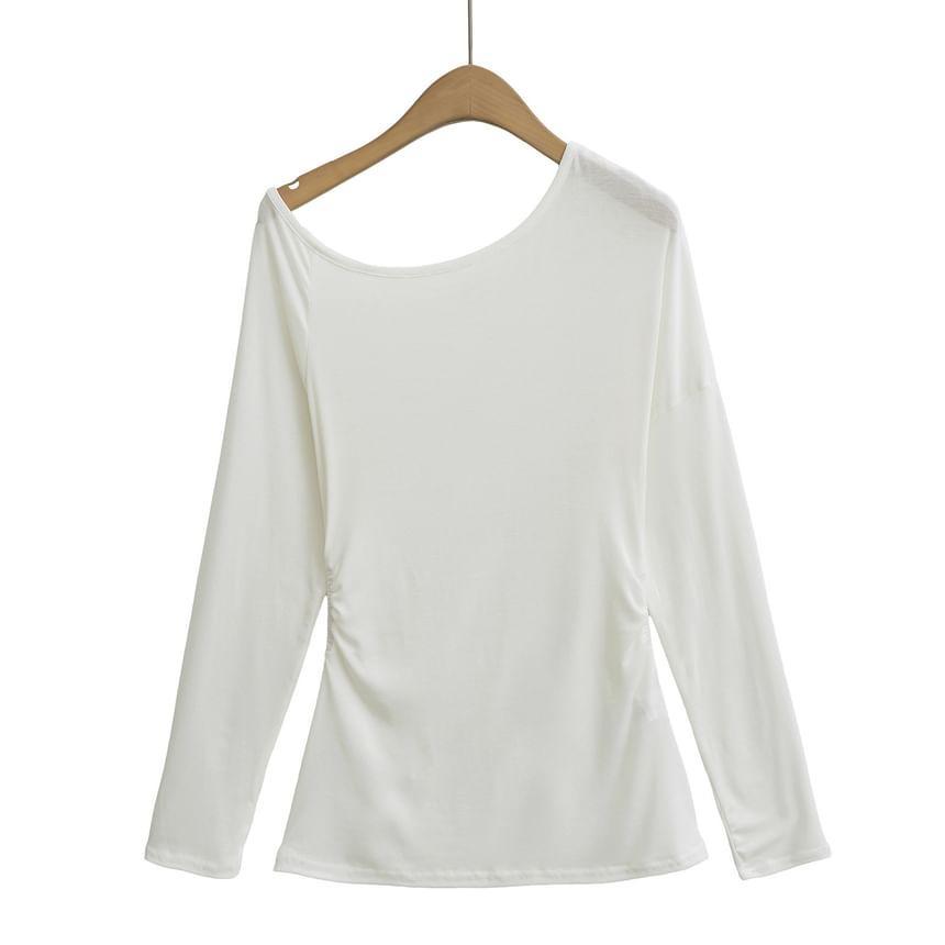 One-Shoulder Long Sleeve Plain Tee Product Image