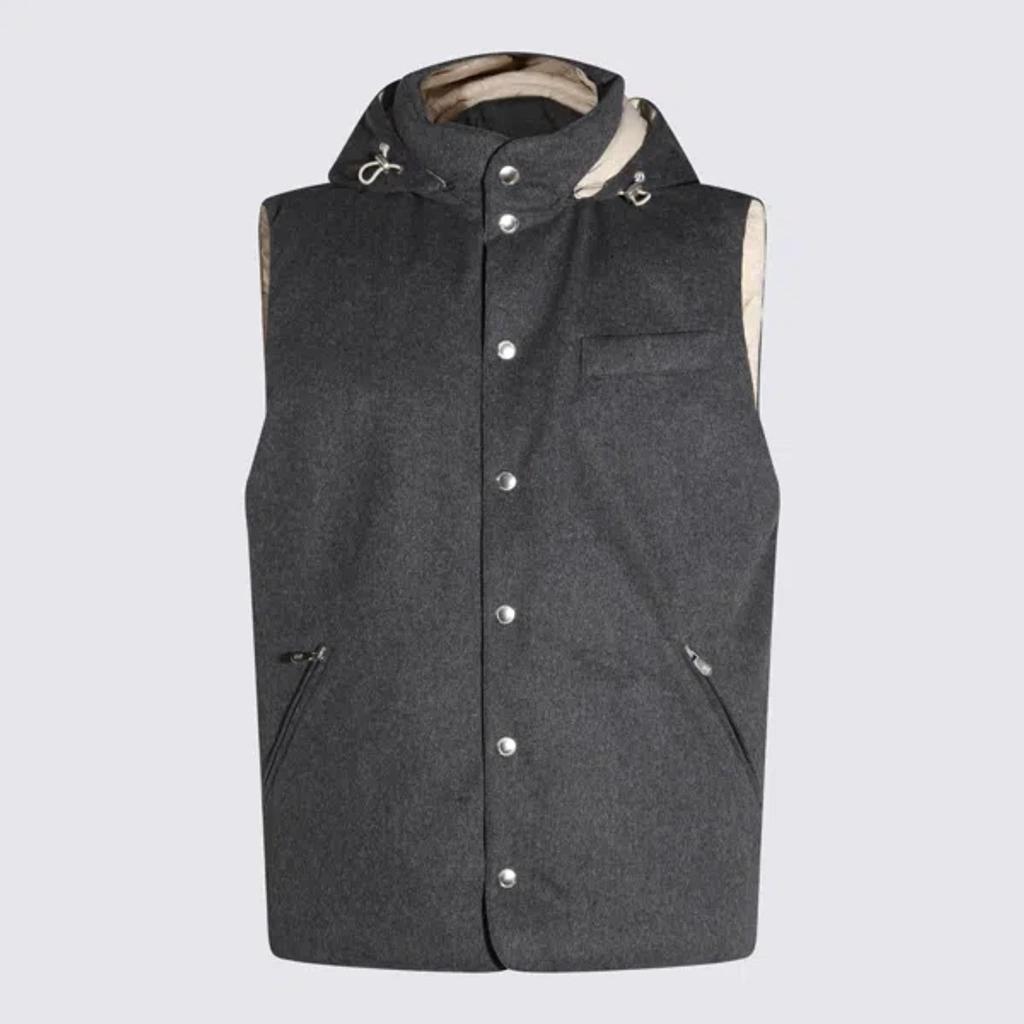 BRUNELLO CUCINELLI Sleeveless Down Jacket In Membraned Wool Flannel With Detachable Hood In Grey Product Image