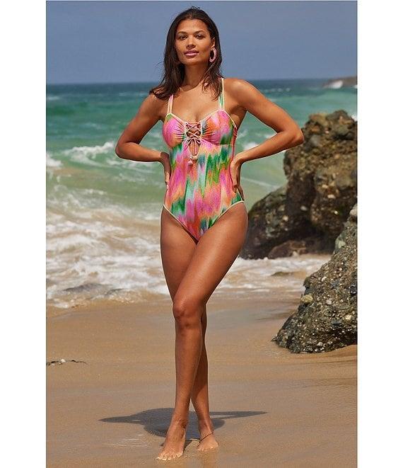 Becca By Rebecca Virtue Mirage Metallic Sweetheart Neck Lace-Up Bandeau One Piece Swimsuit Product Image