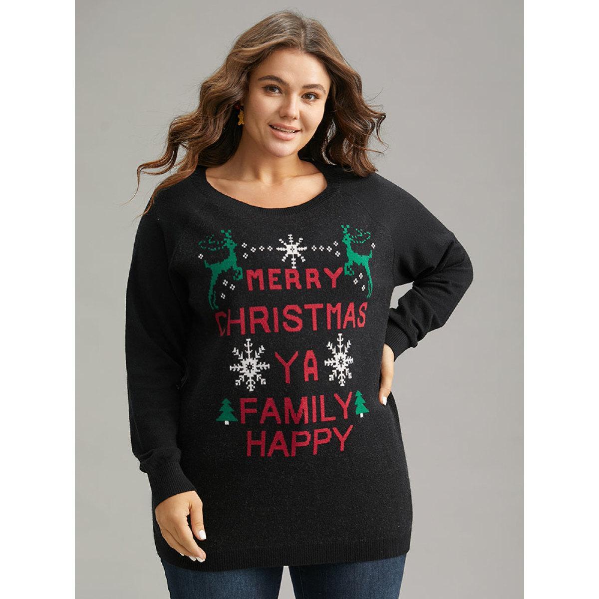 Plus Size Supersoft Essentials Christmas Elk Letter Crew Neck Pullover Black Women Casual Long Sleeve Round Neck Festival-Christmas Pullovers BloomChic 30/6X Product Image