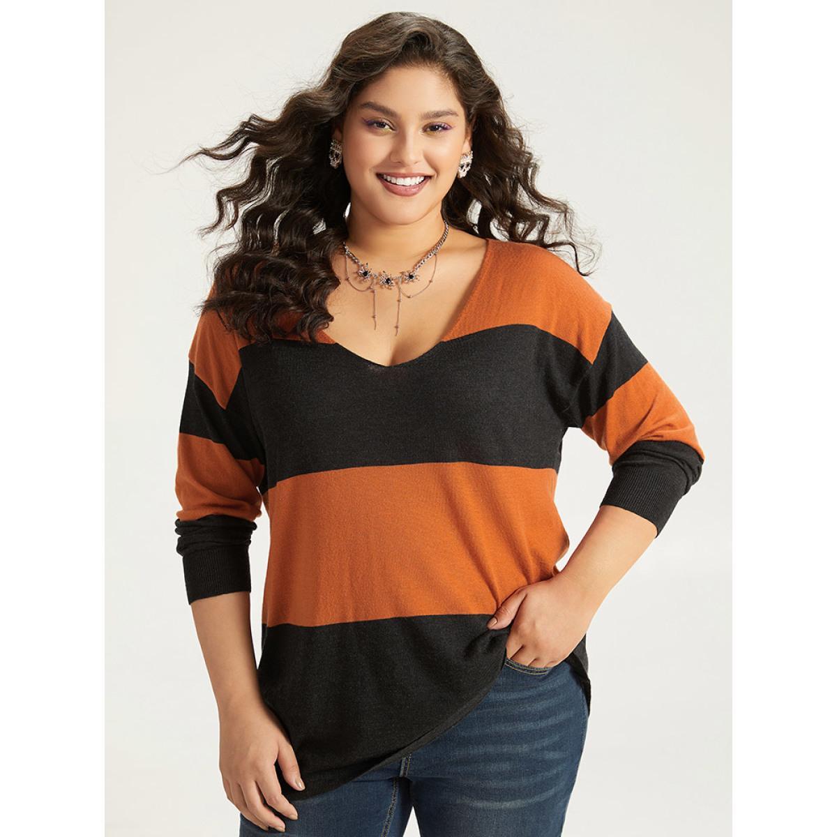 Plus Size Halloween Supersoft Essentials Colorblock Contrast Elastic Cuffs Pullover Orange Women Casual Loose Long Sleeve V-neck Everyday Pullovers BloomChic 30/6X Product Image