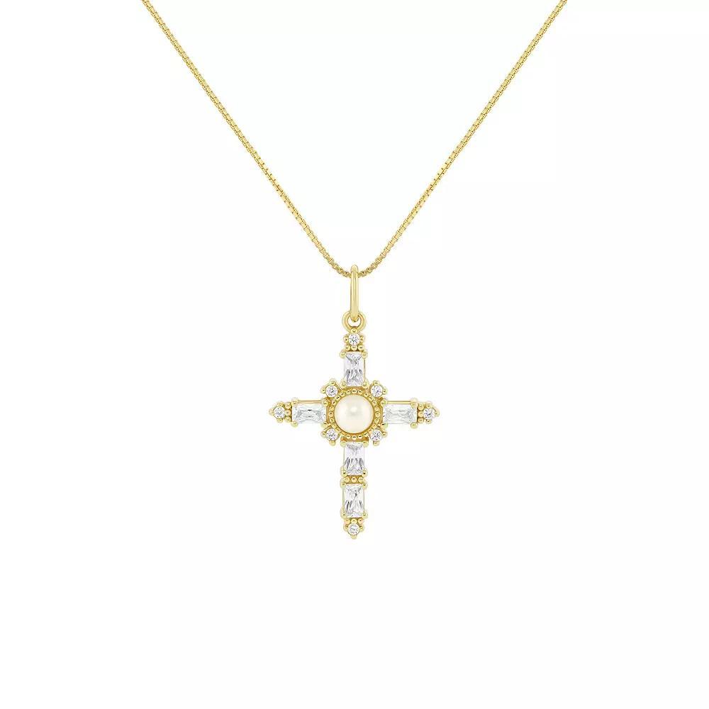 PRIMROSE Sterling Silver Simulated Pearl & Pave Cubic Zirconia Cross Box Chain Pendant Necklace, Women's, Size: 18", Gold Tone Product Image