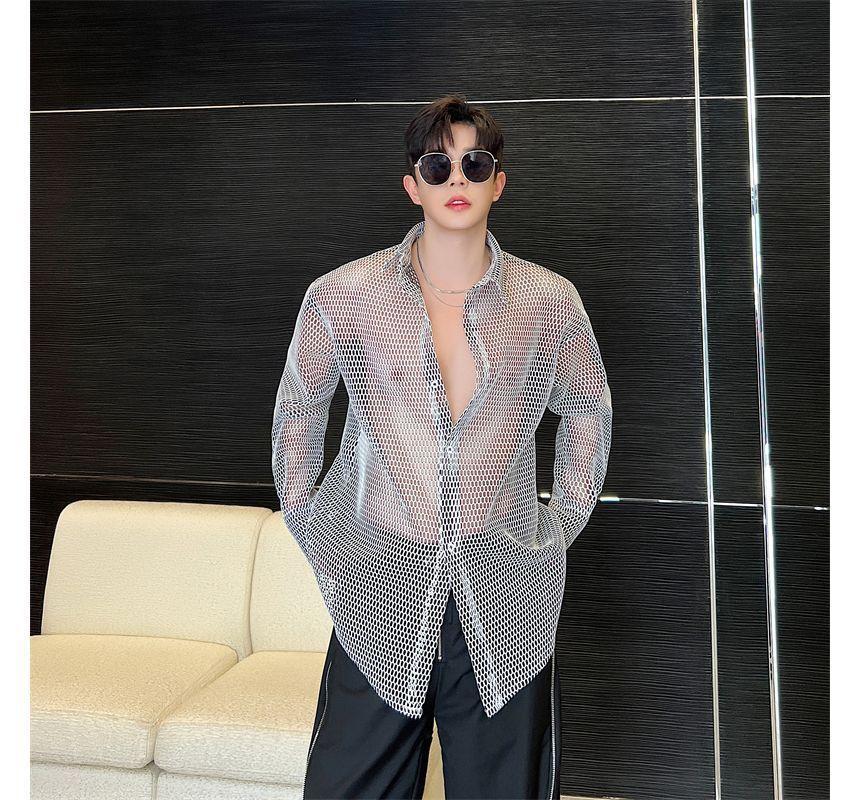 Long-Sleeve Plain Mesh Shirt Product Image