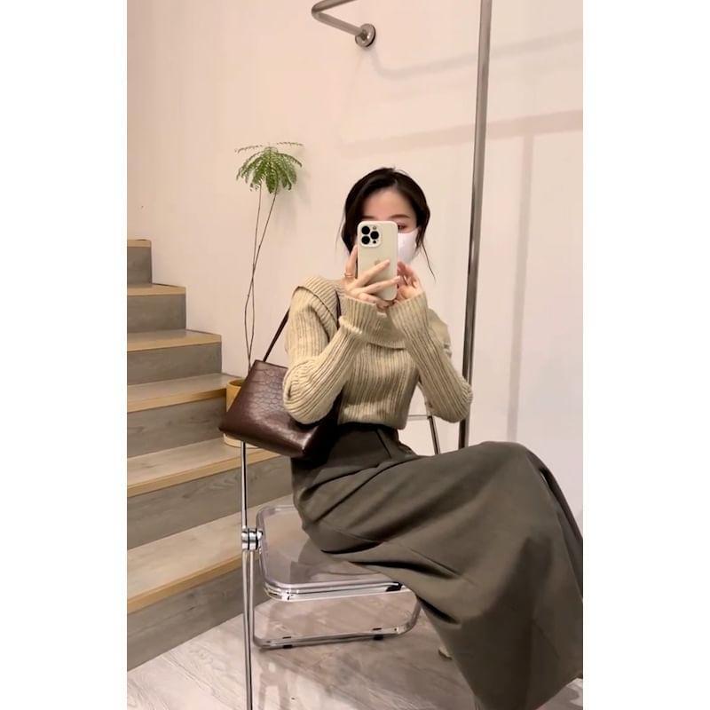 Set: Long-Sleeve Square-Neck Plain Ribbed Knit Top + High Waist Wrap Midi A-Line Skirt Product Image