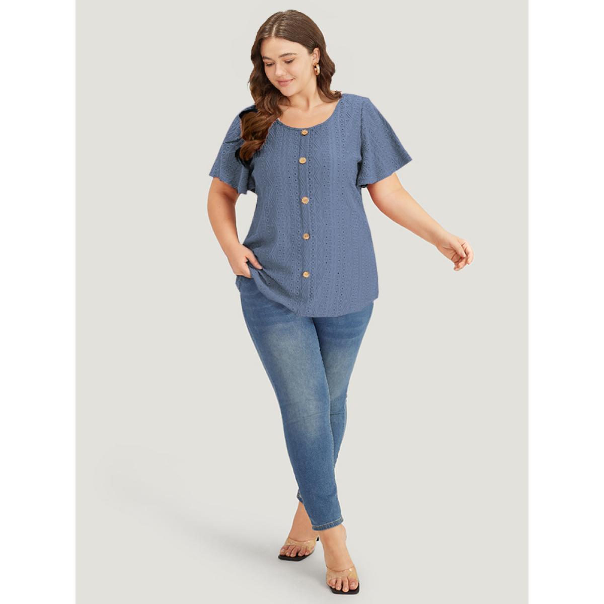 Plus Size Embroidered Button Detail Crew Neck Flutter Sleeve T-shirt Stone Women Elegant Texture Plain Round Neck Dailywear T-shirts BloomChic 28/5X Product Image