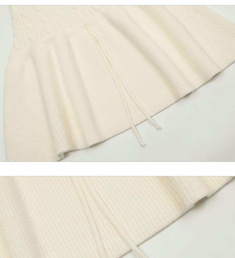Long Sleeve Round Neck Striped Lettering Embroidered Cable Knit Mini A-Line Dress Product Image