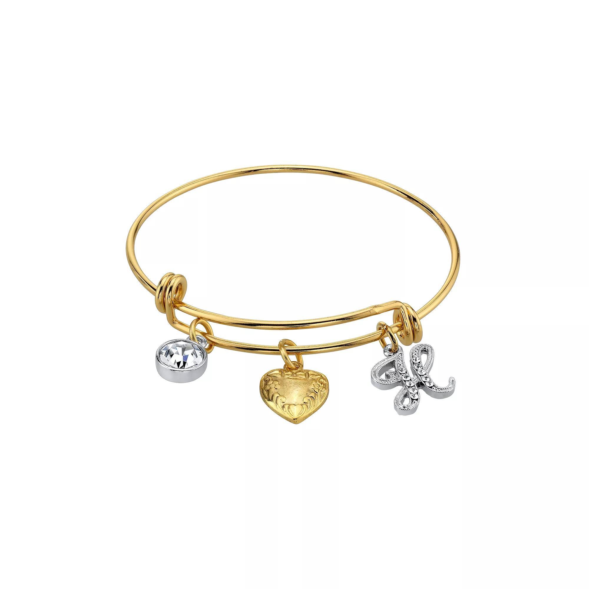 1928 Two Tone Crystal, Heart & Initial Charm Bangle Bracelet, Womens Product Image