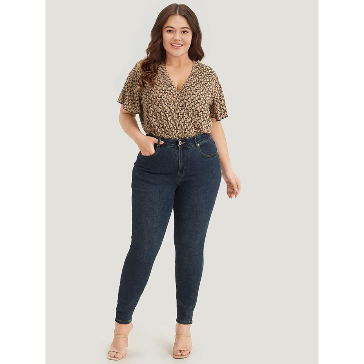 Plus Size Graphic Print Surplice Neck Ruffle Sleeve Bodysuit Women LightBrown Graphic Wrap Bodysuits BloomChic 10/M Product Image