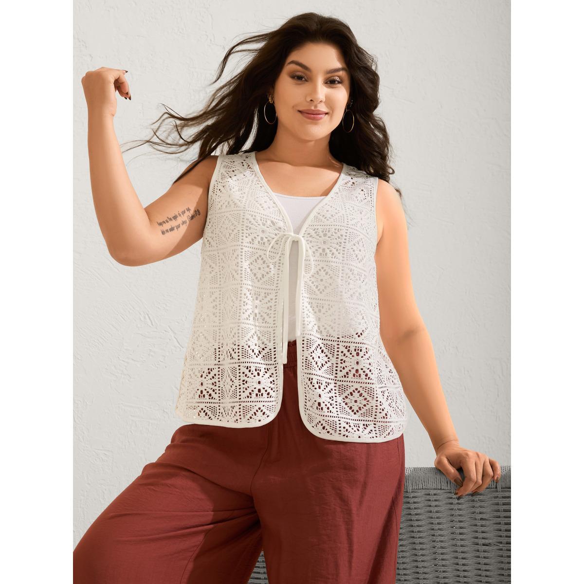 Plus Size Lace Spliced Denim-Like Kimono Vest Women Originalwhite Tie knot Vacation Kimonos BloomChic 14-16/1X Product Image