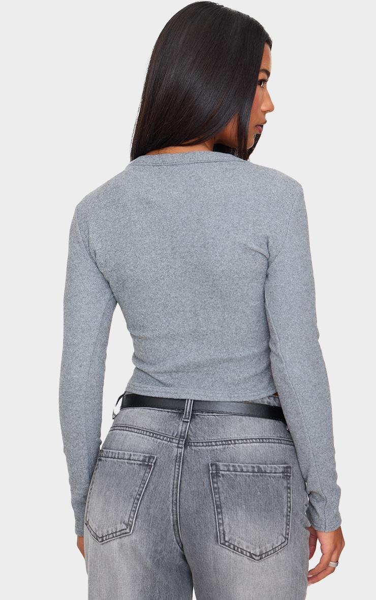 Charcoal Soft Touch Rib Asymmetric Button Down Long Sleeve Top Product Image