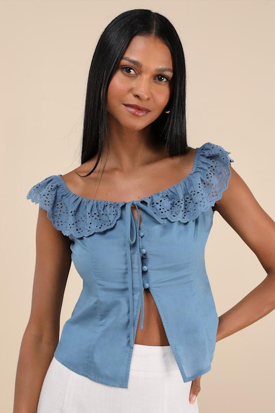 Alesana Blue Eyelet Embroidered Button-Front Top Product Image