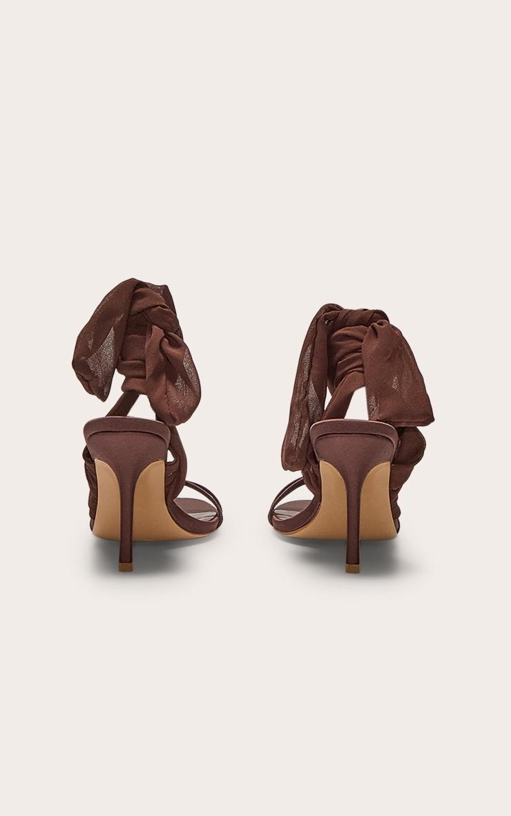 Chocolate Satin Round Toe Lace Up Ribbon High Heel Sandals Product Image