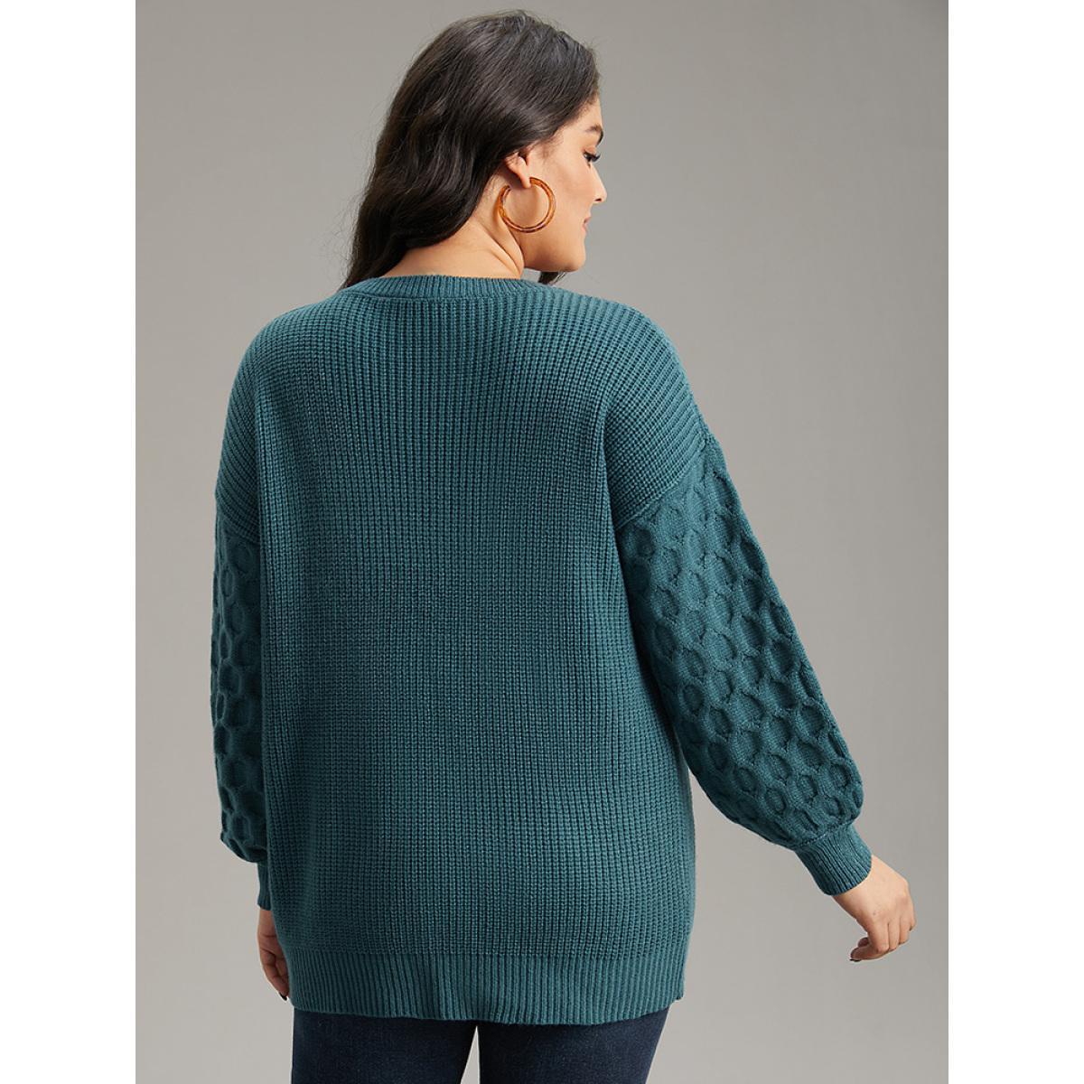 Plus Size Solid Cable Knit V Neck Drop Shoulder Pullover Teal Women Casual Long Sleeve V-neck Everyday Pullovers BloomChic 14-16/1X Product Image
