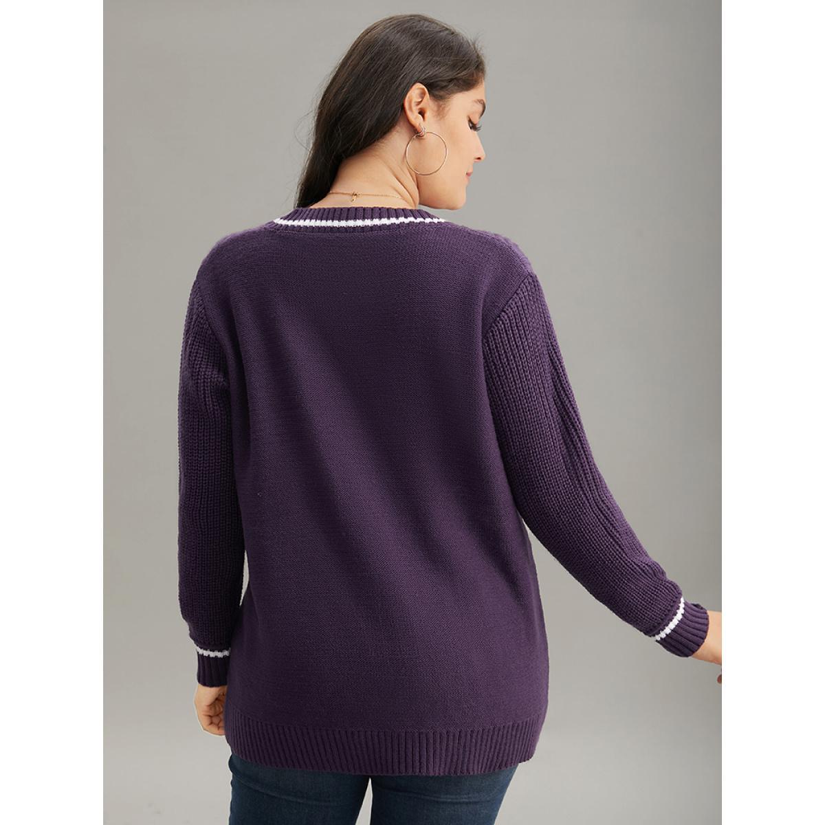 Plus Size Plain Texture Contrast V Neck Cable Knit Pullover Eggplant Women Casual Loose Long Sleeve V-neck Dailywear Pullovers BloomChic 22-24/3X Product Image