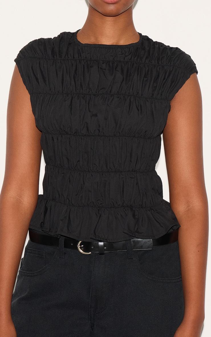 Black Shirred Boatneck Fitted Top Product Image