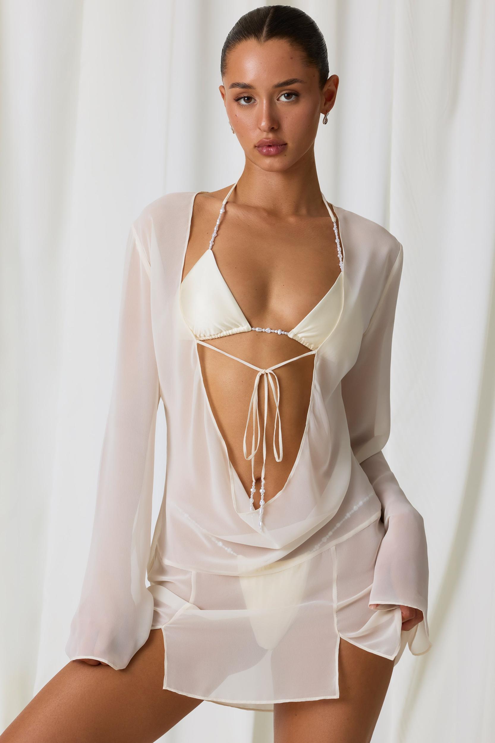Pearl-Detail Cowl-Neck Micro Mini Dress in Pearl White Product Image