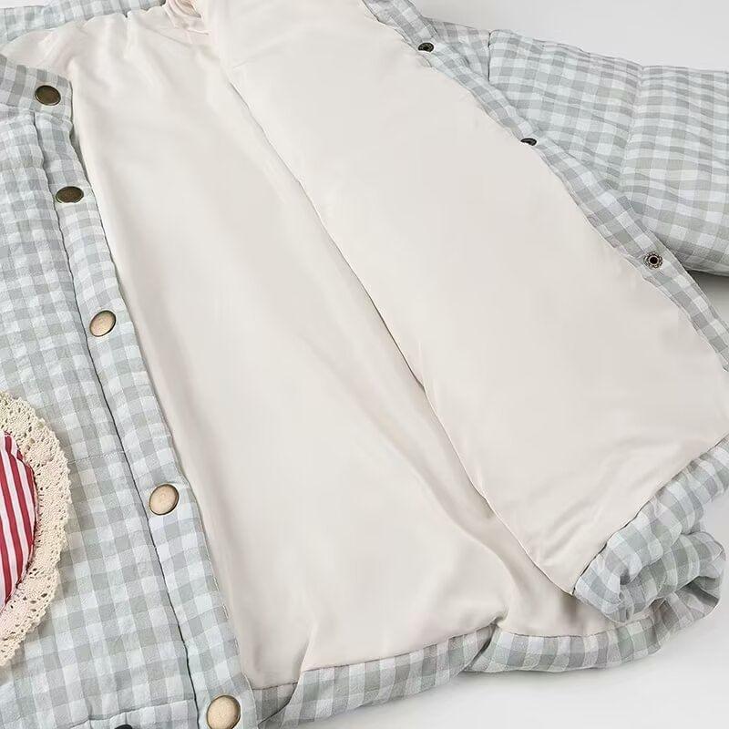 Stand Collar Plaid Heart Pocket Detail Padded Button Jacket Product Image