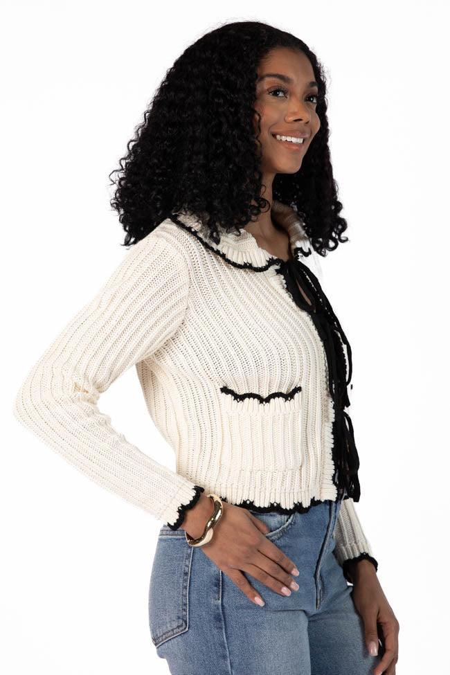 Aim High Cream and Black Tie Front Crochet Cardigan FINAL SALE Product Image