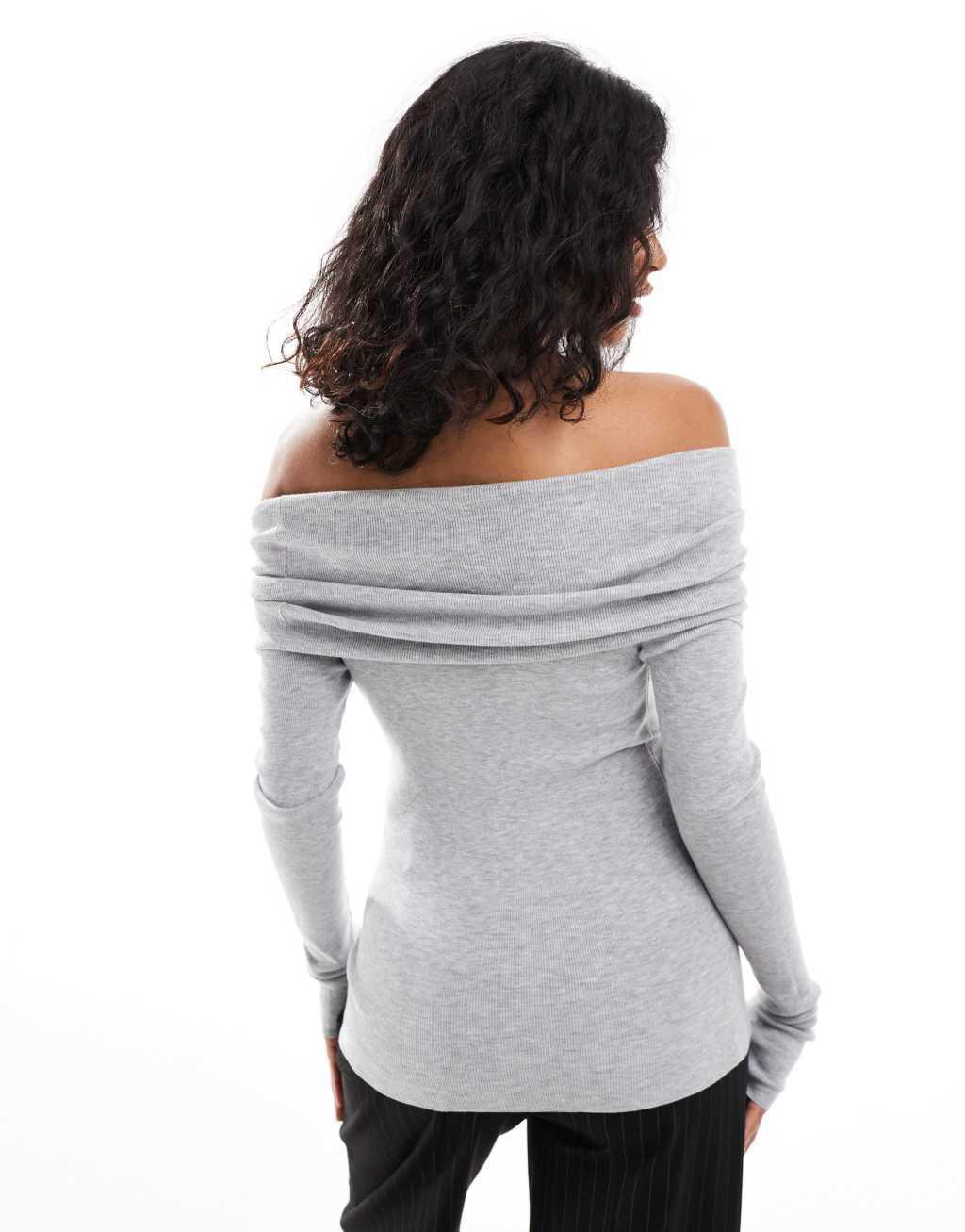 Bershka bardot knitted sweater in gray Product Image