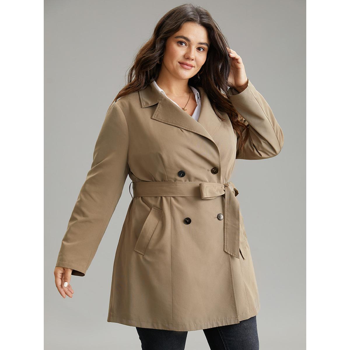 Plus Size Plain Double Breasted Belted Lapel Collar Coat Women LightBrown Casual Plain Ladies Dailywear Winter Coats BloomChic 18-20/2X Product Image