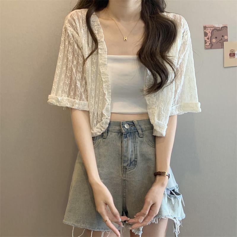 Short-Sleeve Lace Open Front Crop Light Jacket / Camisole Top Product Image