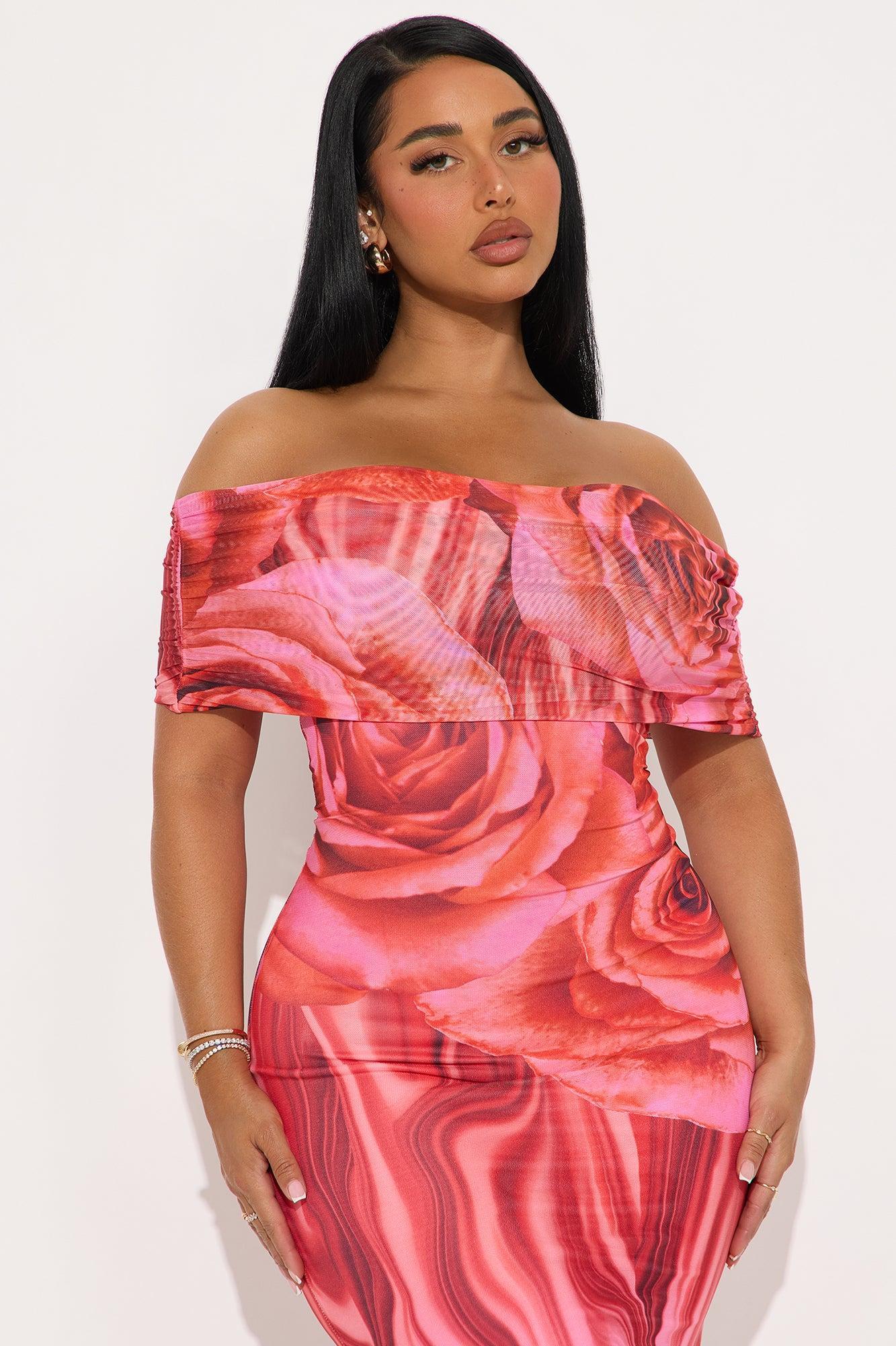 Rosey Mesh Floral Midi Dress - Pink Product Image