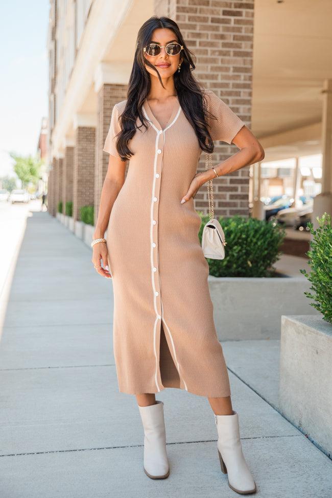 Let's Not Forget Tan Button Up Knit Sweater Dress Product Image