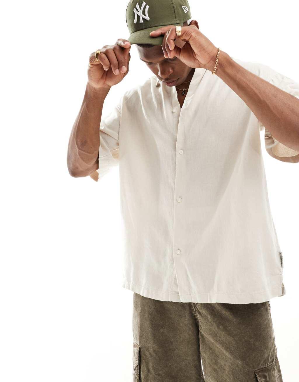 Jack & Jones super oversized button down linen mix shirt in beige  Product Image