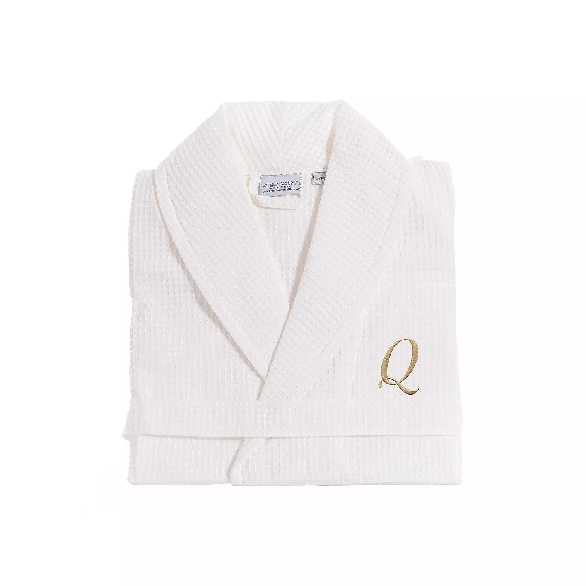 Linum Home Textiles Turkish Cotton Personalized Waffle Weave Bathrobe, Women's, Size: Small/Medium, White Gray D Product Image