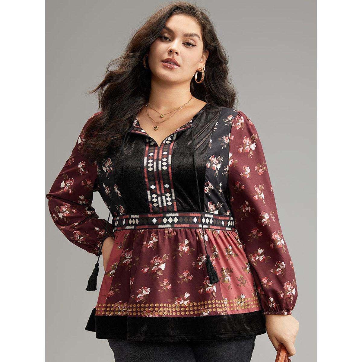 Plus Size Scarlet Velvet Floral Contrast Knot Neck Tassel Blouse Women Vacation Long Sleeve Tie Neck Dailywear Blouses BloomChic 18-20/2X Product Image