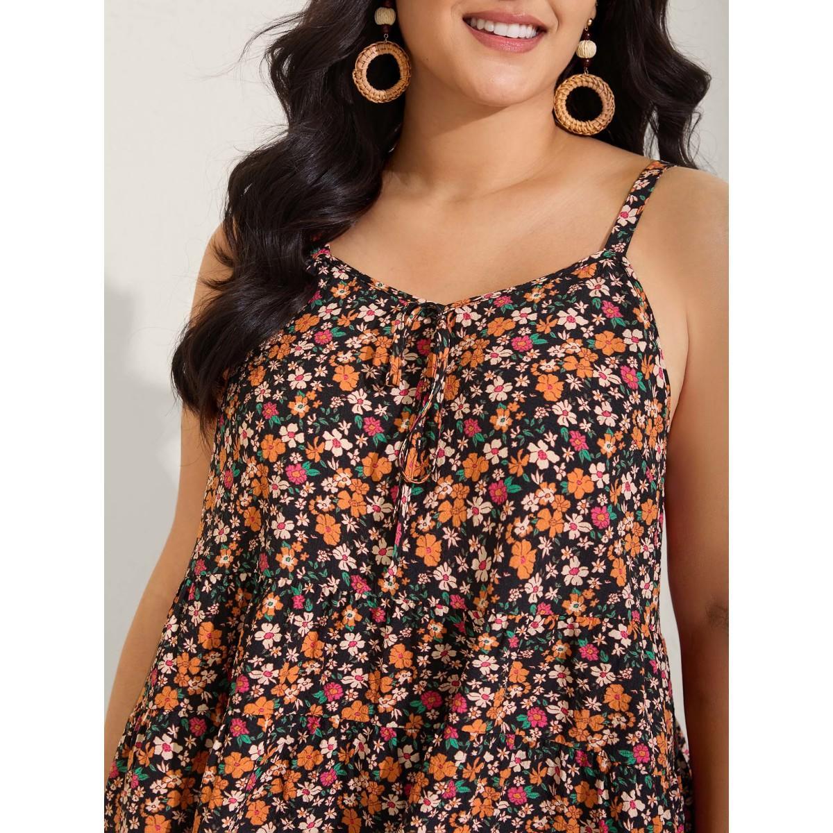 Plus Size Ditsy Floral Print Cami Tiered Tank Top Women BlackFlower Tie knot Non Vacation Tank Tops Camis BloomChic 28/5X Product Image