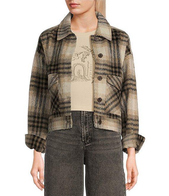 Roxy Long Sleeve Township Dark Plaid Wool Blend Cropped Shacket Product Image