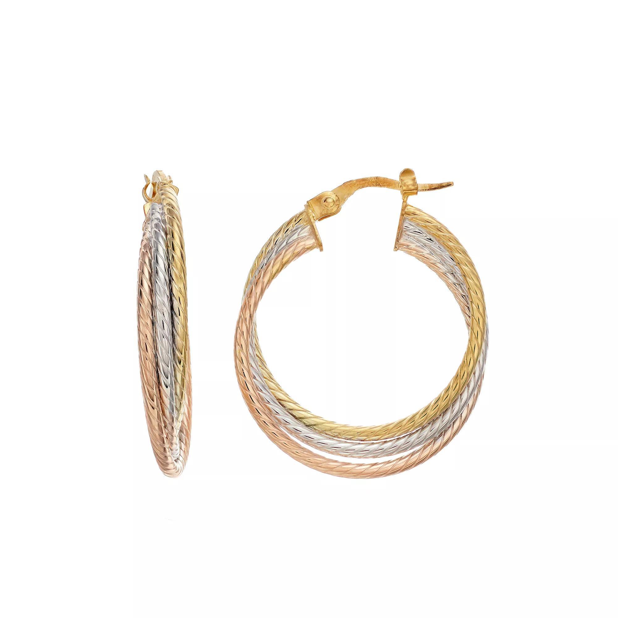 Tri-Tone 14k Gold Twisted Triple Hoop Earrings, Women's, 14k  Tone Product Image