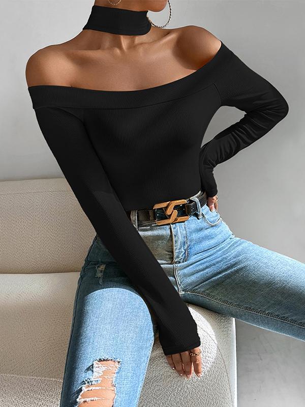 Long Sleeves Skinny Solid Color Off-The-Shoulder T-Shirts Tops Product Image