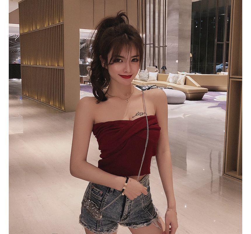 Strapless Plain Crop Knit Top Product Image