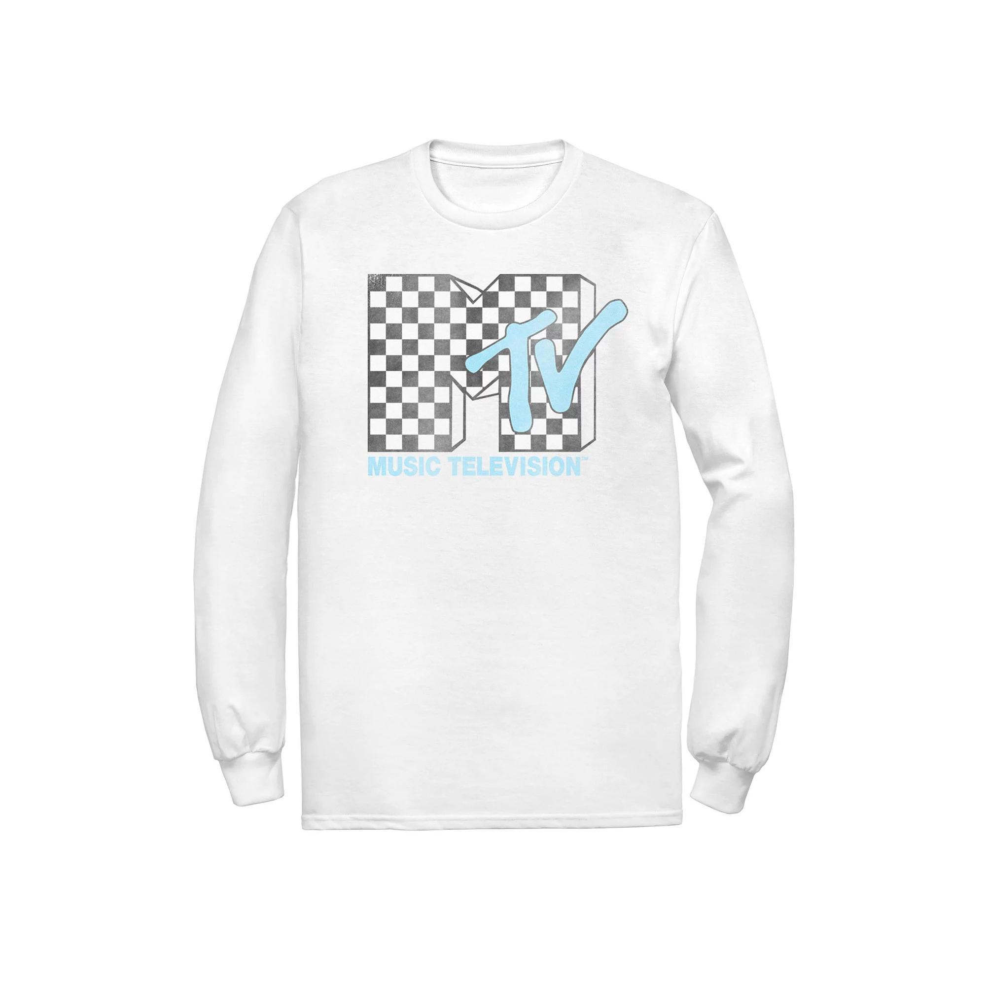Men's MTV Logo Black And White Checkered Blue TV Tee, Size: Medium Product Image