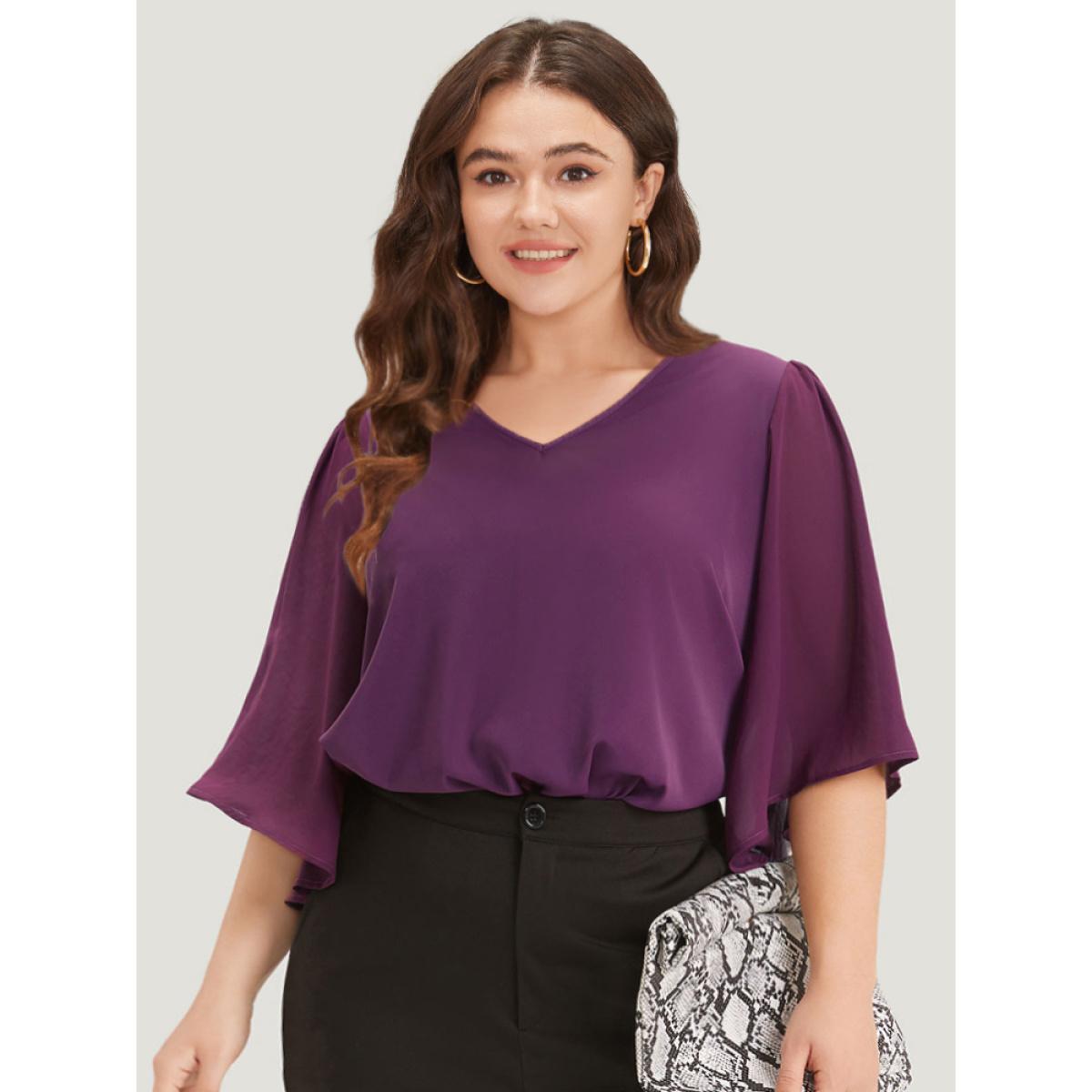 Plus Size Purple Anti-Wrinkle Plain V Neck Mesh Patchwork Flutter Sleeve Blouse Women Office Half Sleeve V-neck Work Blouses BloomChic 26/4X Product Image