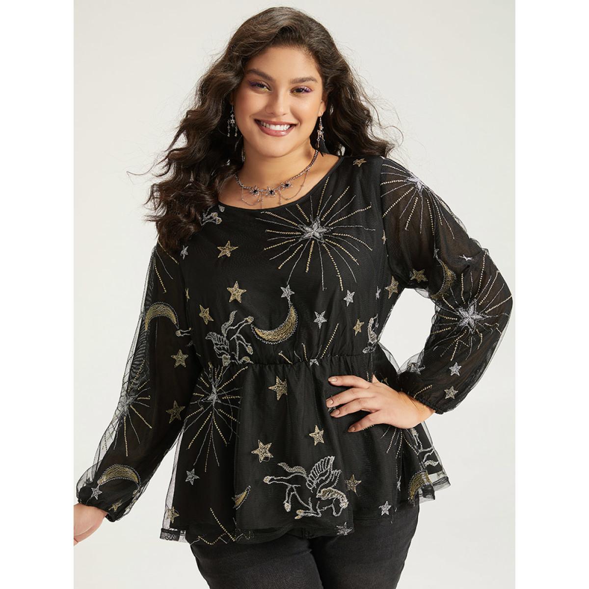 Plus Size Black Halloween Star Elastic Waist Mesh Patchwork Lantern Sleeve Blouses Women Elegant Long Sleeve Round Neck Festival-Halloween Blouses BloomChic 22-24/3X Product Image