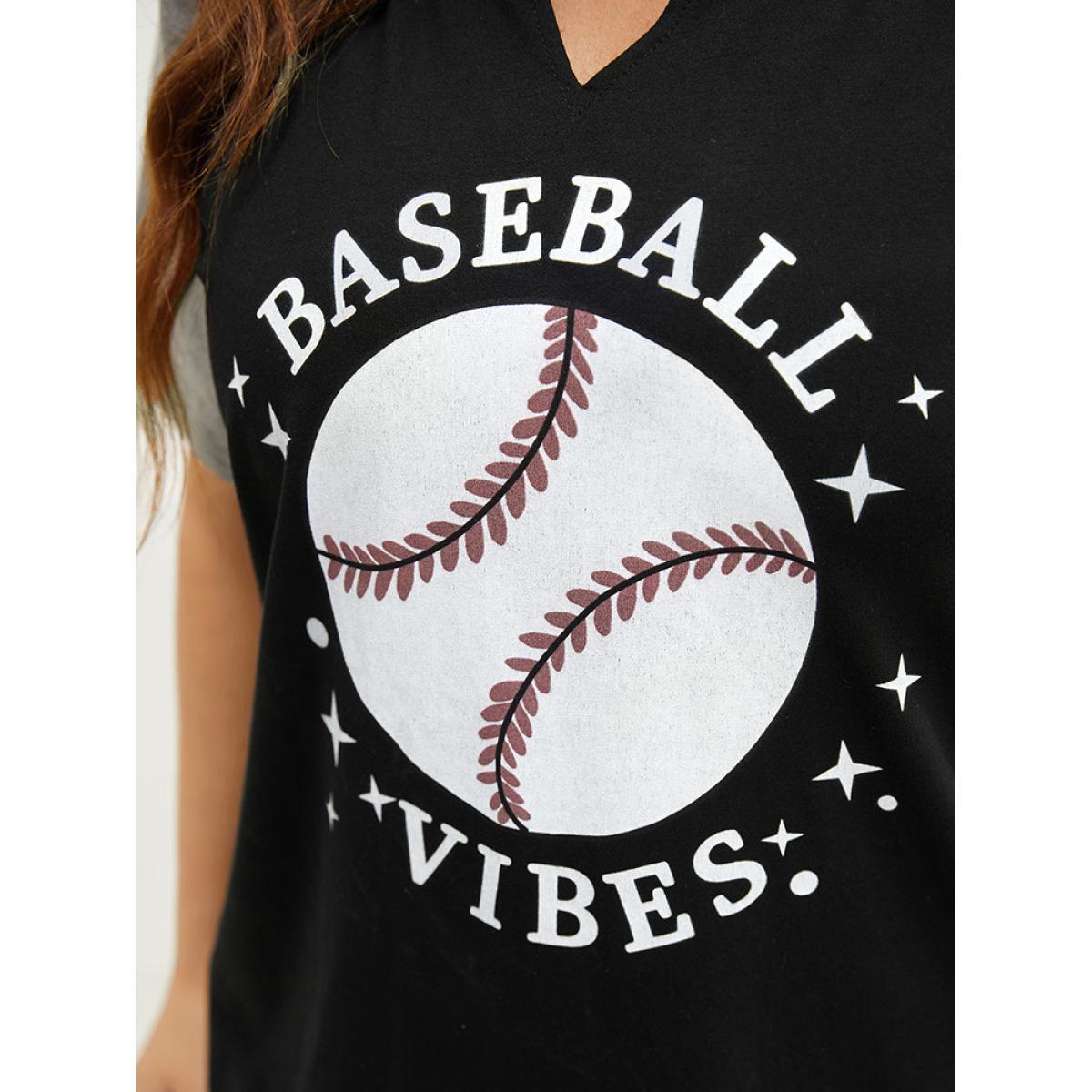 Plus Size Letter & Leaf Print Contrast Notched Neck T-shirt Black Women Casual Contrast Graphic Dailywear T-shirts BloomChic 18-20/2X Product Image