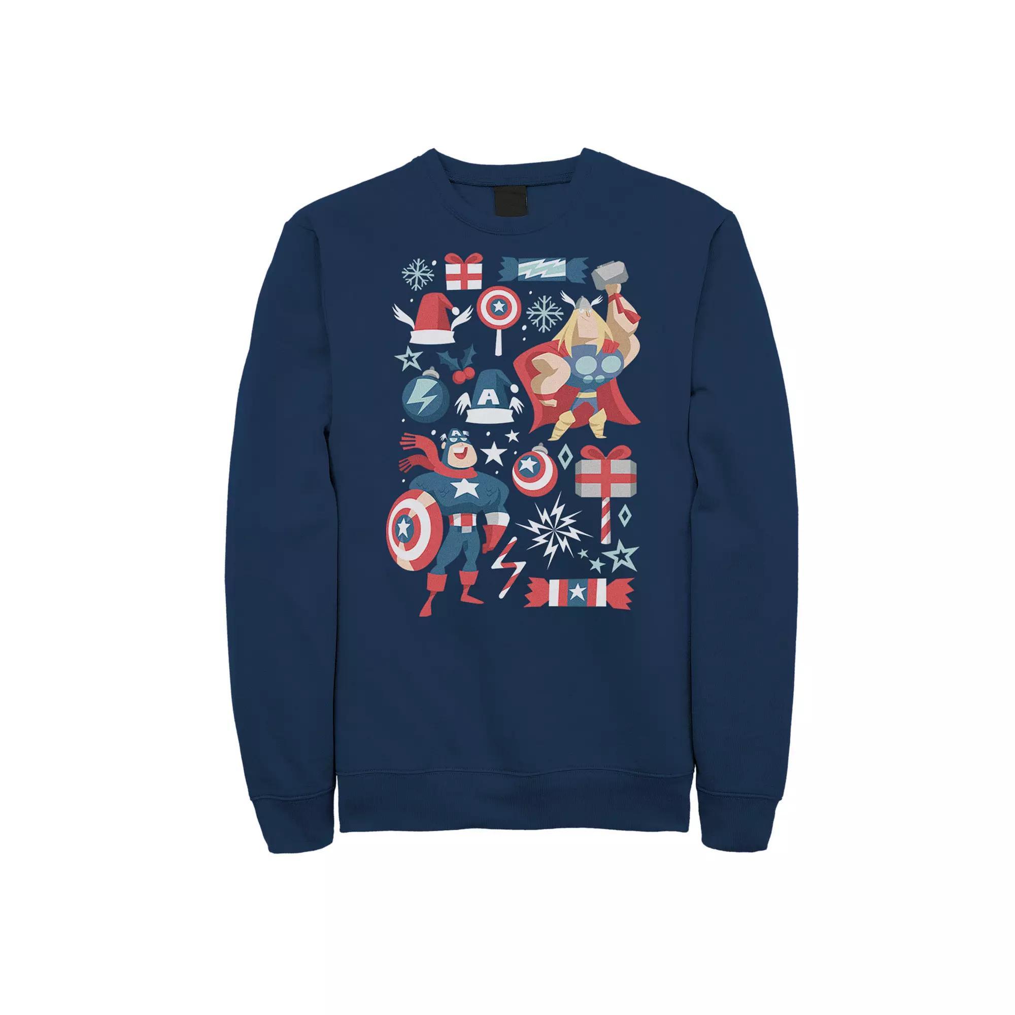 Men's Marvel Avengers Thor And Captain America Holiday Collage Sweatshirt, Size: XXL, Blue Product Image