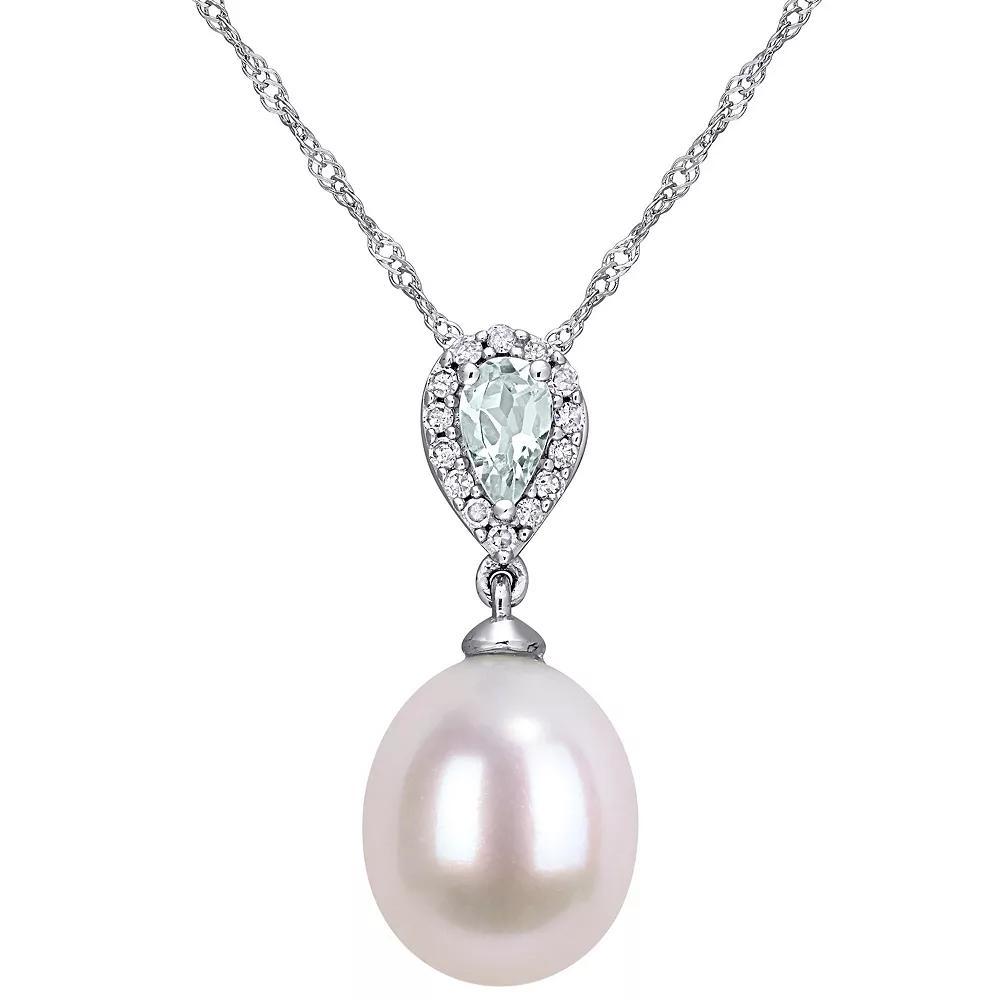 Stella Grace 10k White Gold Diamond Accent, Aquamarine & Freshwater Cultured Pearl Pendant, Women's, Size: 17", White Gold Tone Product Image