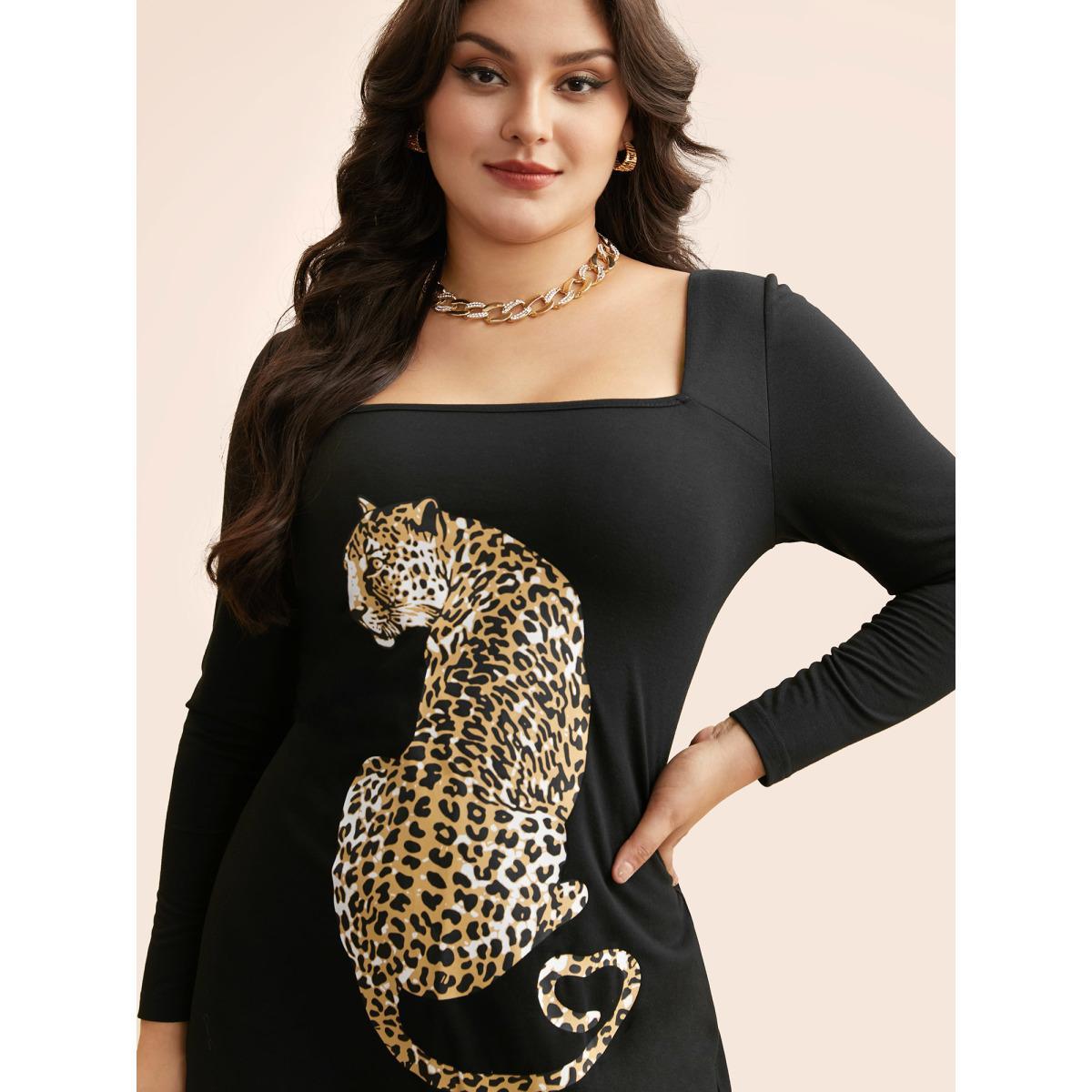 Plus Size Leopard Print Square Neck Tie Knot Dress Black Women Elegant Tie knot Square Neck Long Sleeve Curvy BloomChic 30/6X Product Image