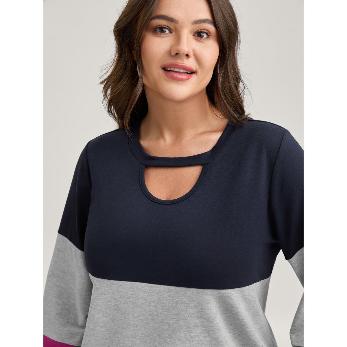 Plus Size Supersoft Color Block Neck Cut-Out Sweatshirt Women Indigo Round Neck Everyday-Casual Sweatshirts BloomChic 22-24/3X Product Image