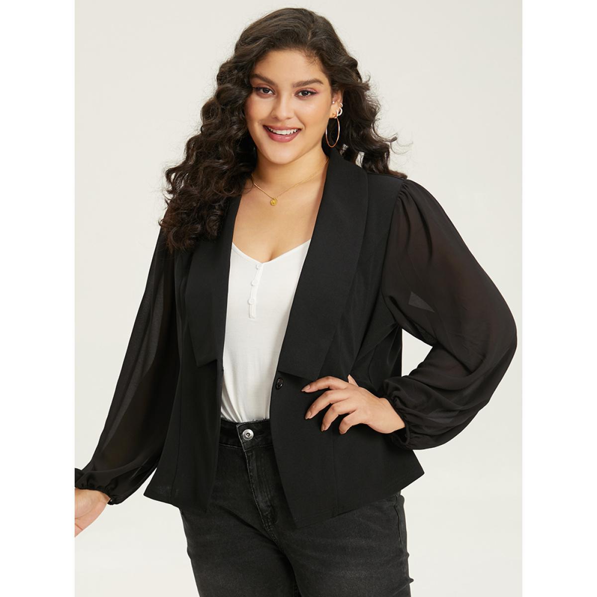 Plus Size Solid Suit Collar Gathered Blazer Black Women Dailywear Plain Elastic cuffs Sleeve Long Sleeve Suit Collar 26/4X Casual Blazers BloomChic Product Image