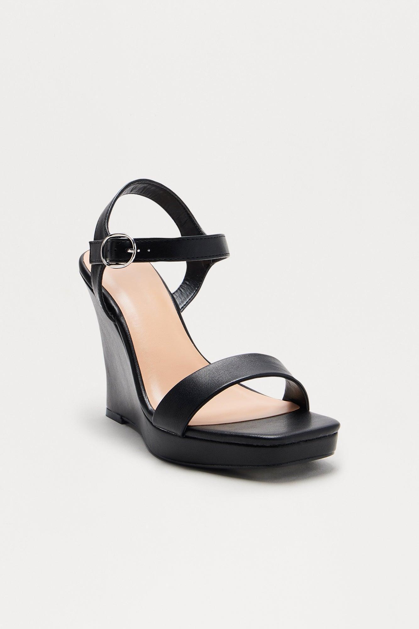 Daily Faux Leather Ankle Strap Wedges - Black Product Image