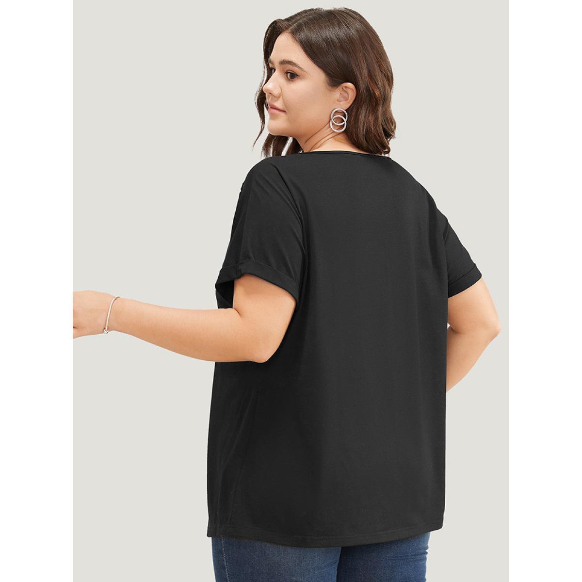 Plus Size Solid Roll Batwing Sleeve Laser Cut T-shirt Black Women Elegant Plain Round Neck Dailywear T-shirts BloomChic 14-16/1X Product Image